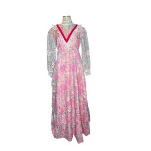 Handmade Prairie Style Floral Maxi Dress Pink Lace Sheer Long Sleeve - XS